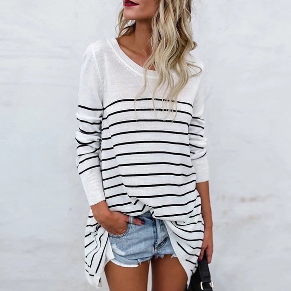 Stripe Sharkbite Long Sleeve Crew Neck Sweater Top - Picture 3 of 6